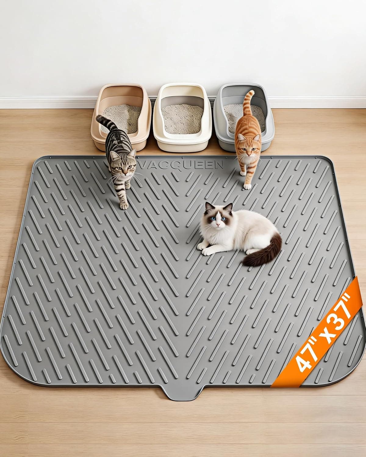47 x 37-inch gray silicone cat litter mat covering a wide landing zone